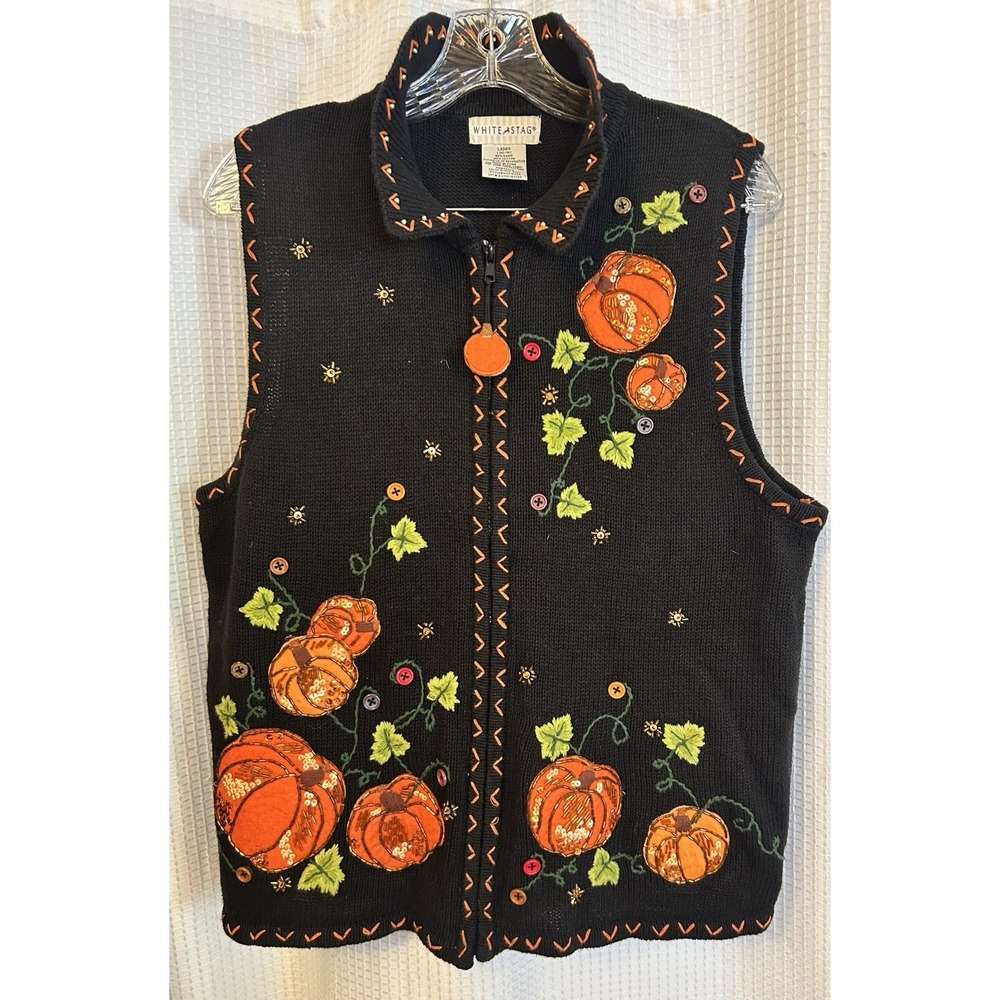 VTG Fall Autumn Novelty Pumpkin Beaded Embroidered Vest Zip Teacher Women Size L